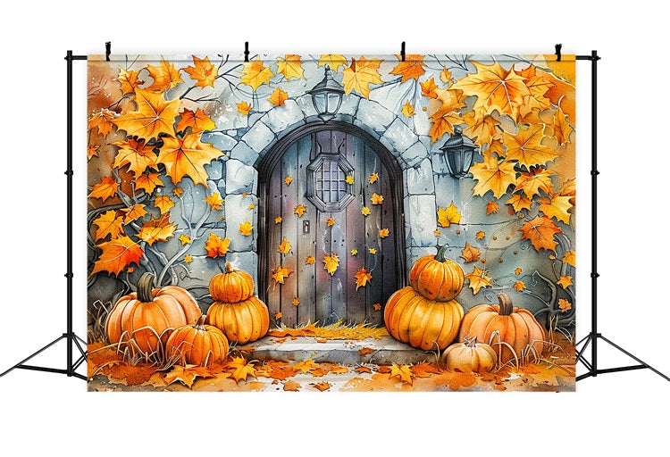 Stone Door Pumpkins Golden Fall Leaves Backdrop BRP9-176