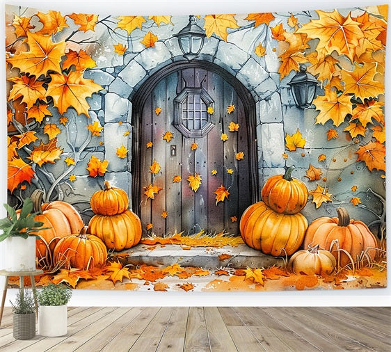 Stone Door Pumpkins Golden Fall Leaves Backdrop BRP9-176