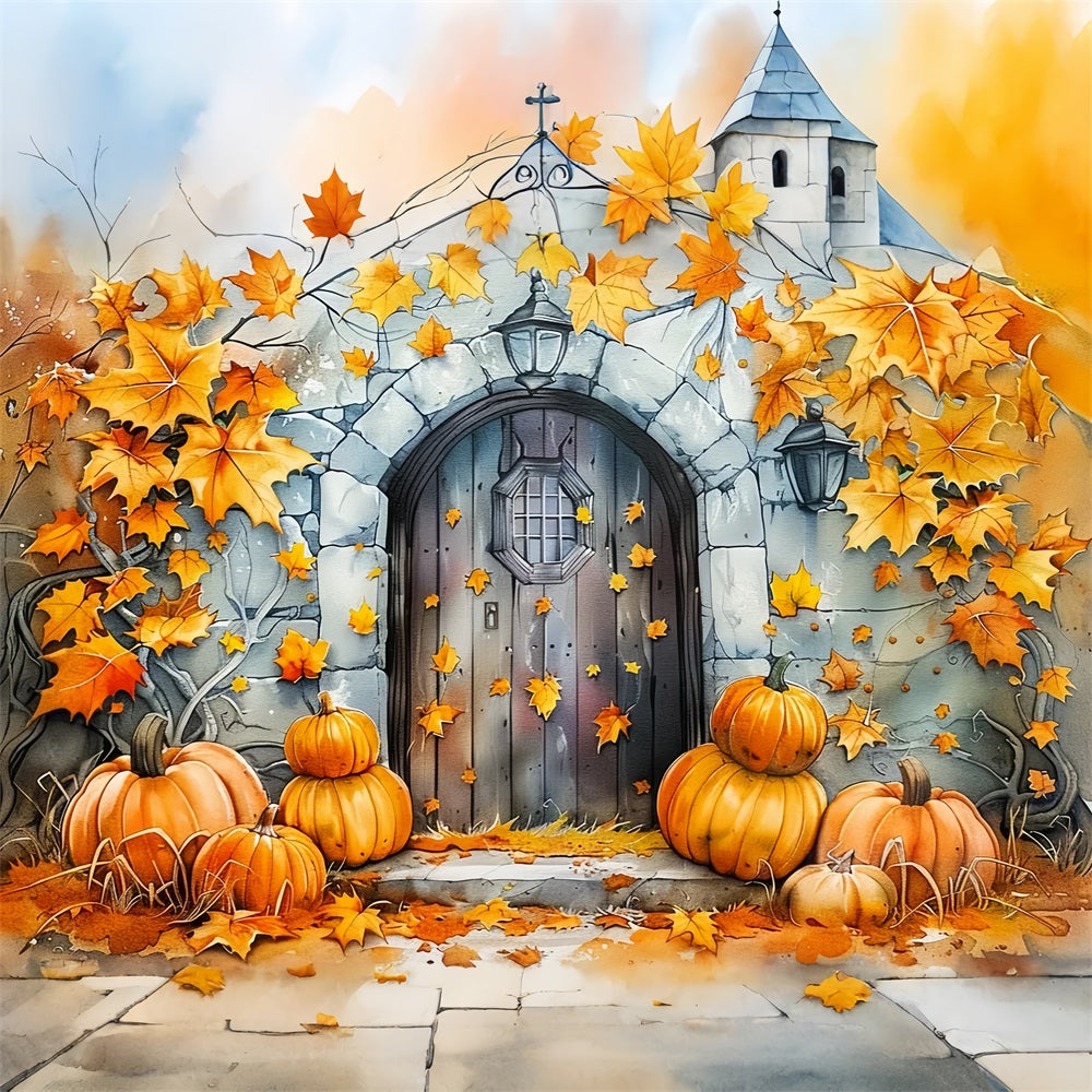 Stone Door Pumpkins Golden Fall Leaves Backdrop BRP9-176