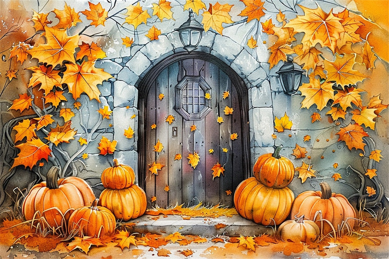 Stone Door Pumpkins Golden Fall Leaves Backdrop BRP9-176