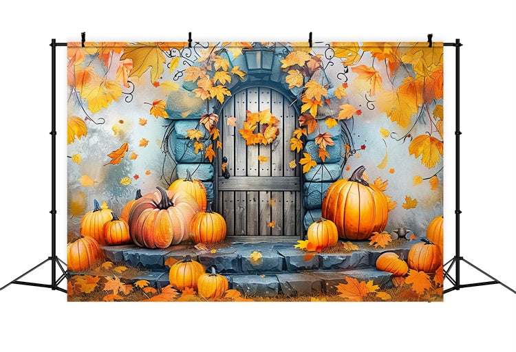 Fall Stone Door Decorated Pumpkins Leaves Backdrop BRP9-177