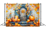 Fall Stone Door Decorated Pumpkins Leaves Backdrop BRP9-177