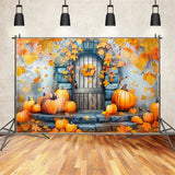 Fall Stone Door Decorated Pumpkins Leaves Backdrop BRP9-177