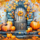 Fall Stone Door Decorated Pumpkins Leaves Backdrop BRP9-177