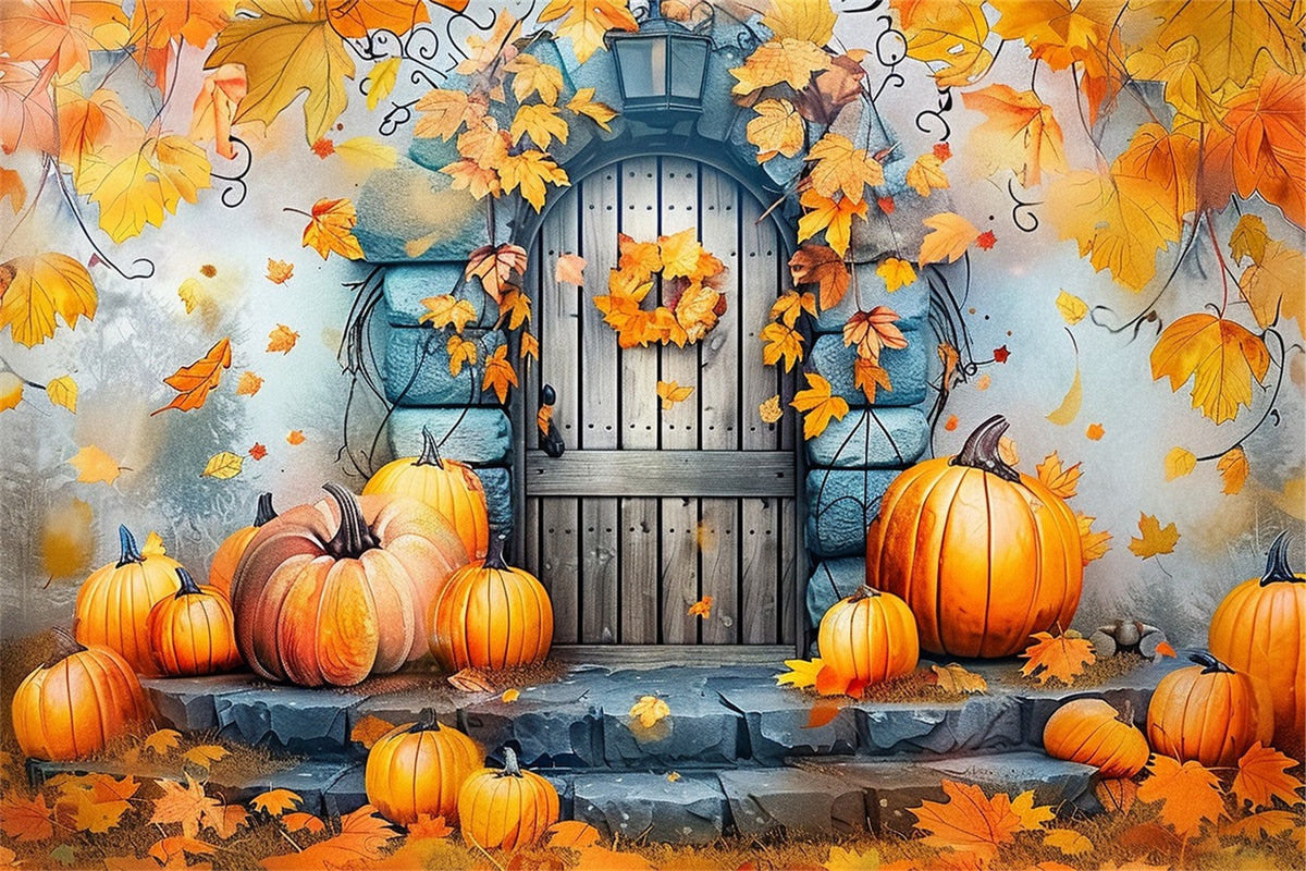 Fall Stone Door Decorated Pumpkins Leaves Backdrop BRP9-177