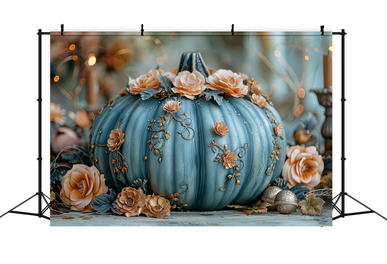 Charming Floral Decorated Blue Pumpkin Fall Backdrop BRP9-178