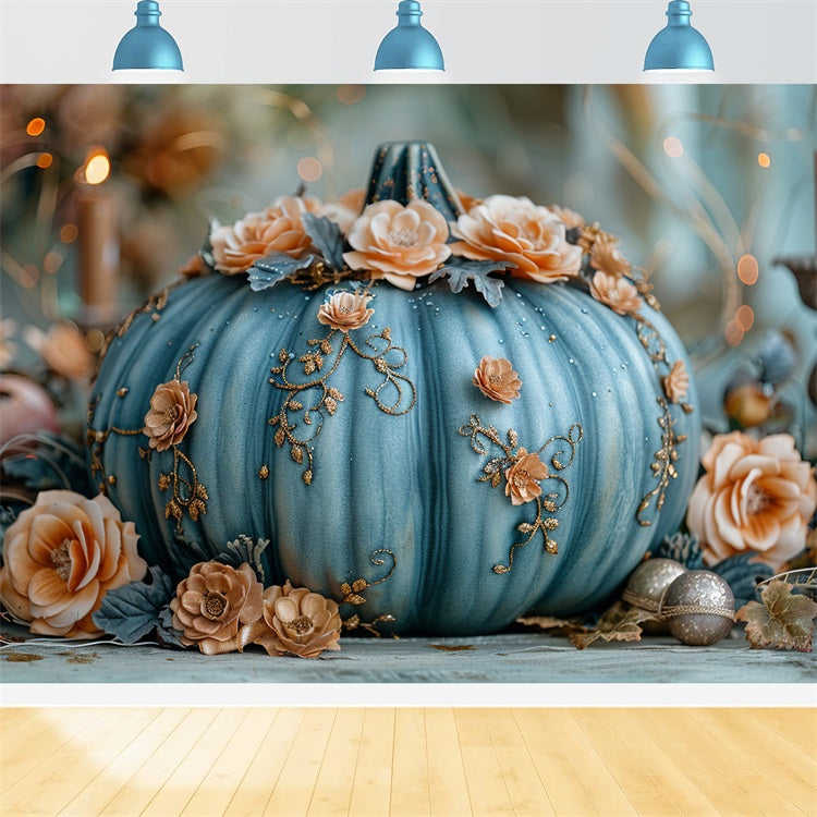 Charming Floral Decorated Blue Pumpkin Fall Backdrop BRP9-178