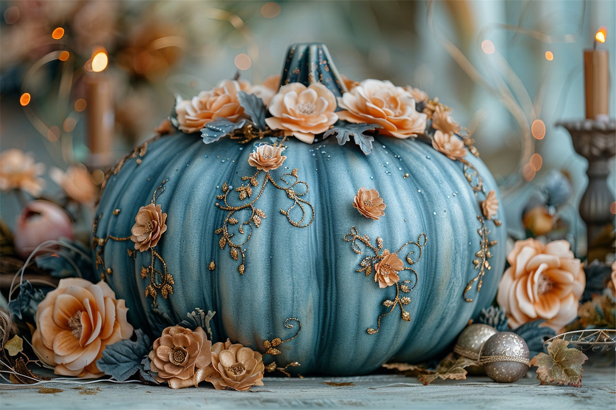 Charming Floral Decorated Blue Pumpkin Fall Backdrop BRP9-178