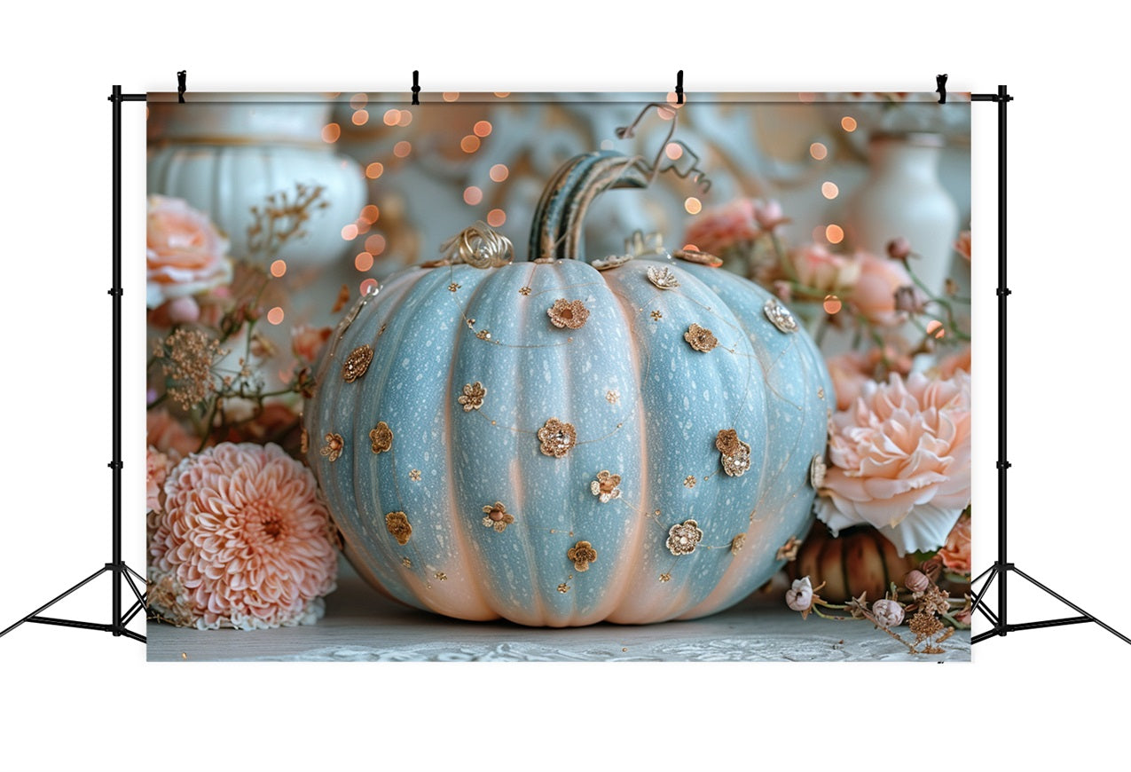 Delicate Blue Pumpkin Glitter Floral Accents Backdrop BRP9-180