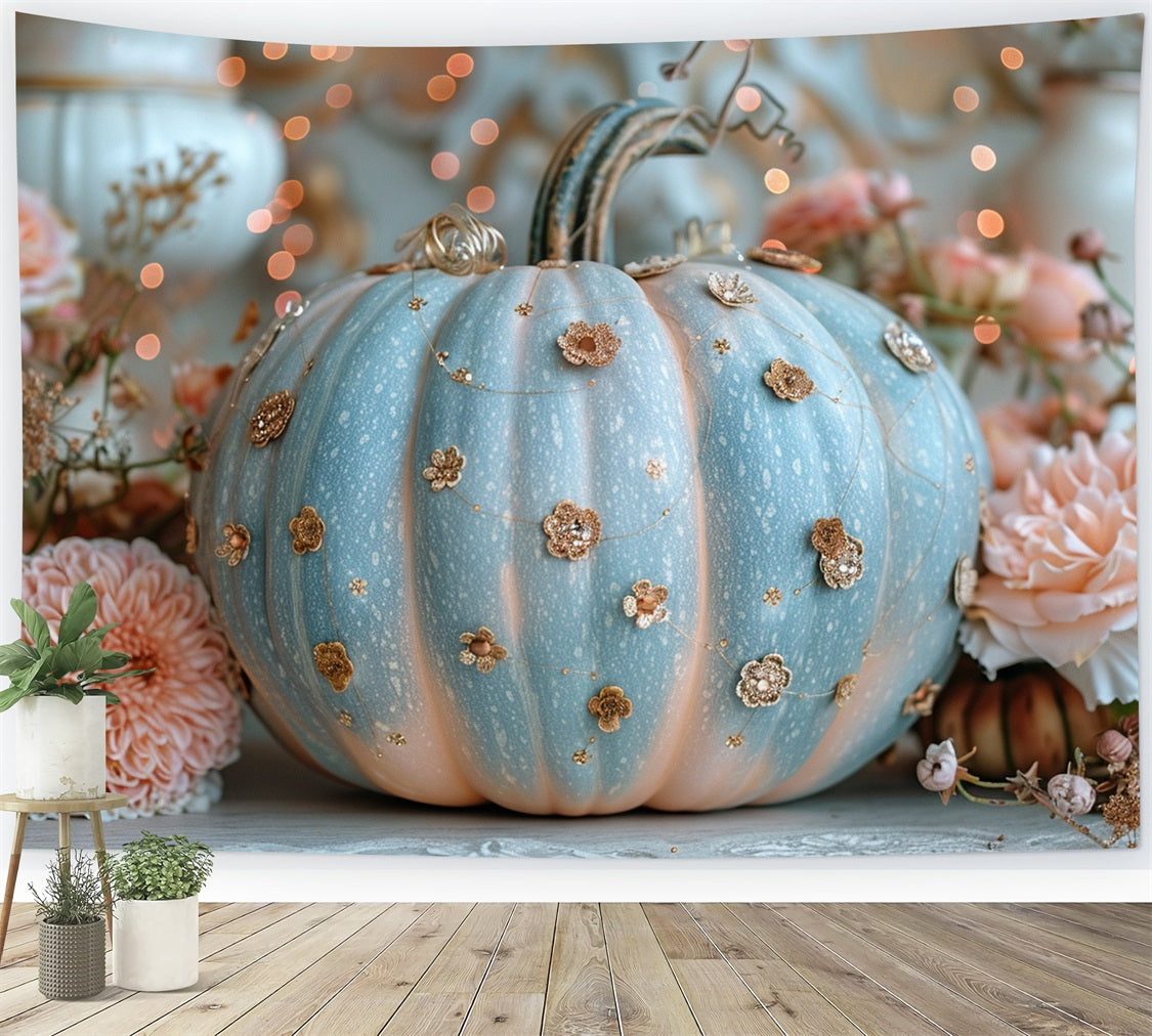 Delicate Blue Pumpkin Glitter Floral Accents Backdrop BRP9-180