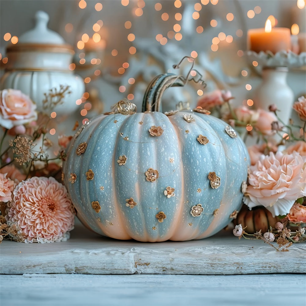 Delicate Blue Pumpkin Glitter Floral Accents Backdrop BRP9-180