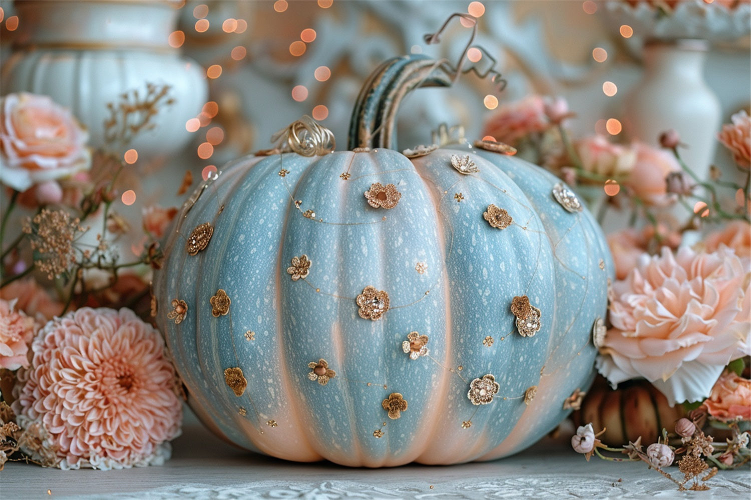 Delicate Blue Pumpkin Glitter Floral Accents Backdrop BRP9-180