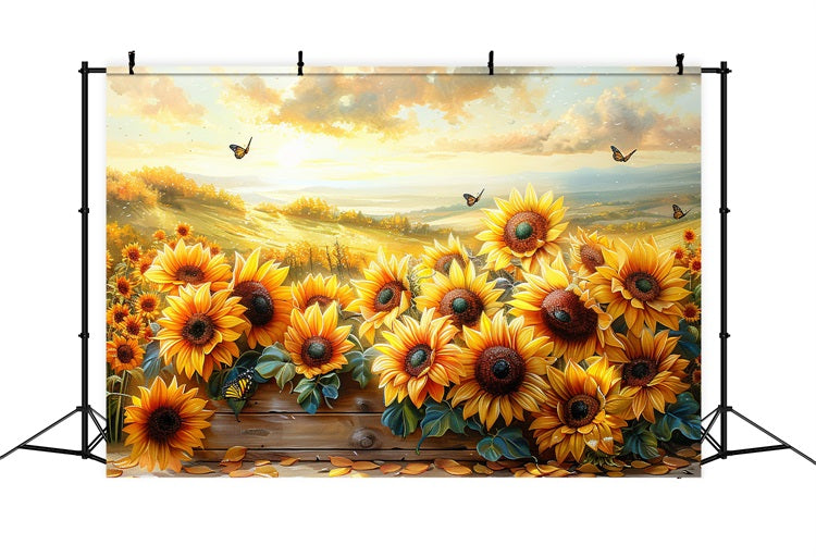 Fall Sunflowers Butterflies Sunset Sky Backdrop BRP9-183