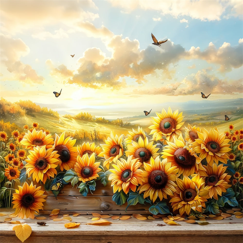 Fall Sunflowers Butterflies Sunset Sky Backdrop BRP9-183