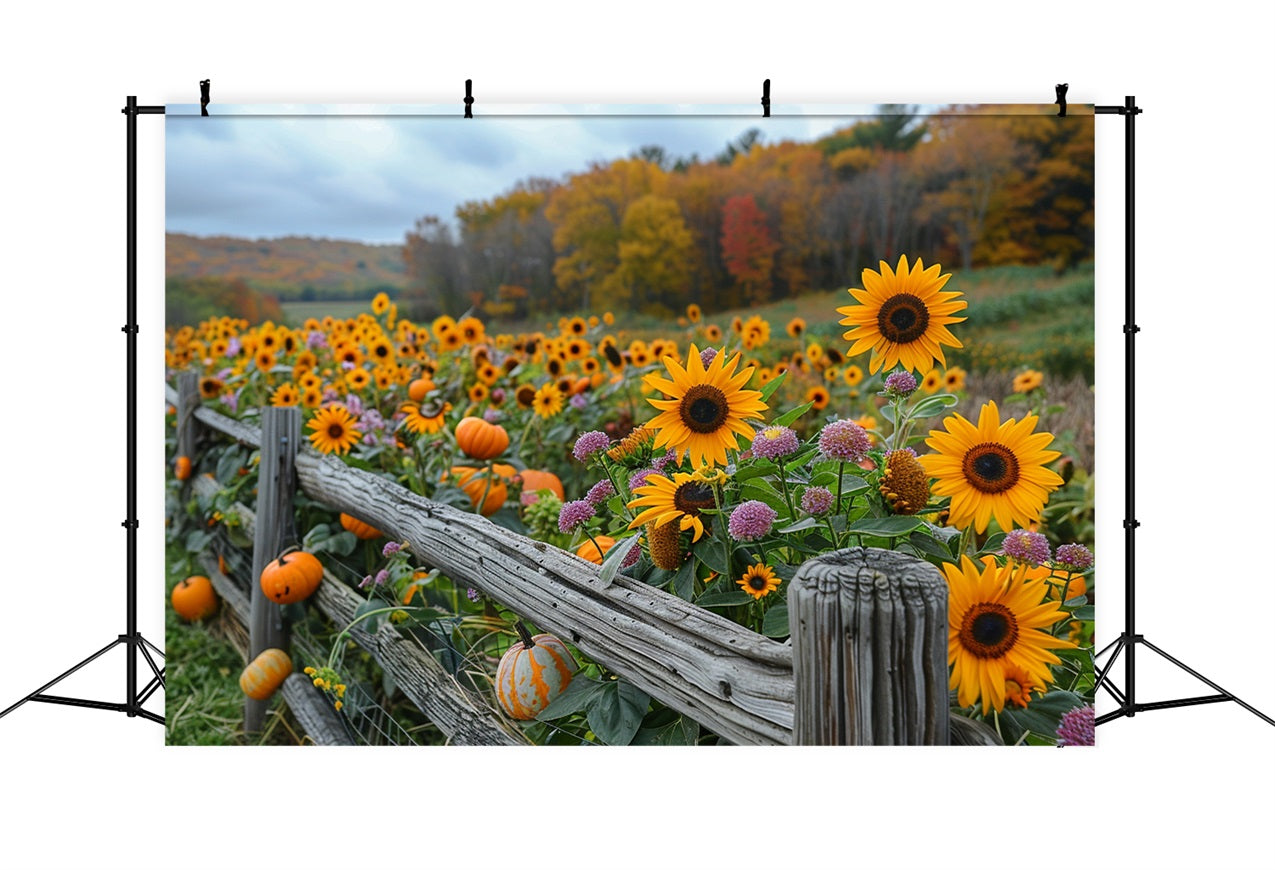 Fall Sunflowers Pumpkins Rustic Wooden Fence Backdrop BRP9-185