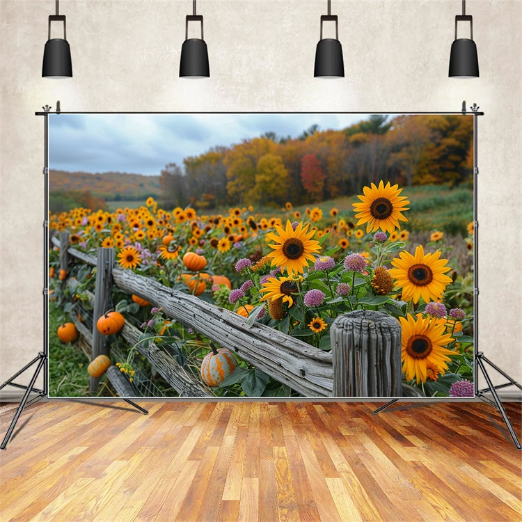 Fall Sunflowers Pumpkins Rustic Wooden Fence Backdrop BRP9-185