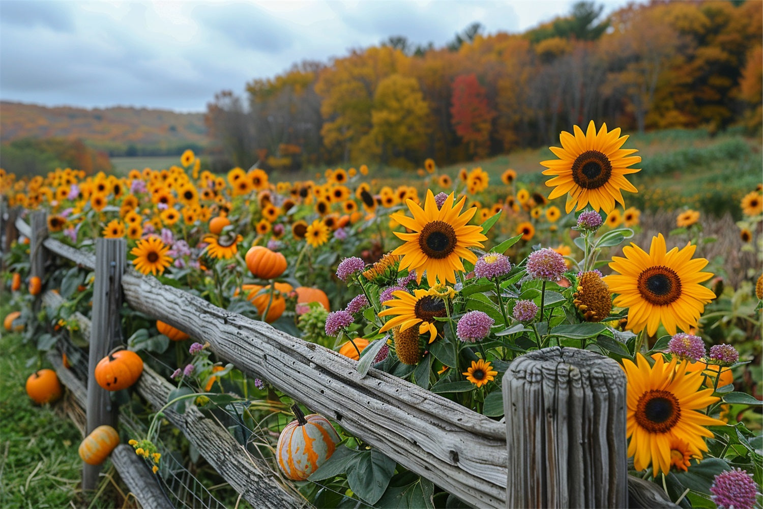 Fall Sunflowers Pumpkins Rustic Wooden Fence Backdrop BRP9-185