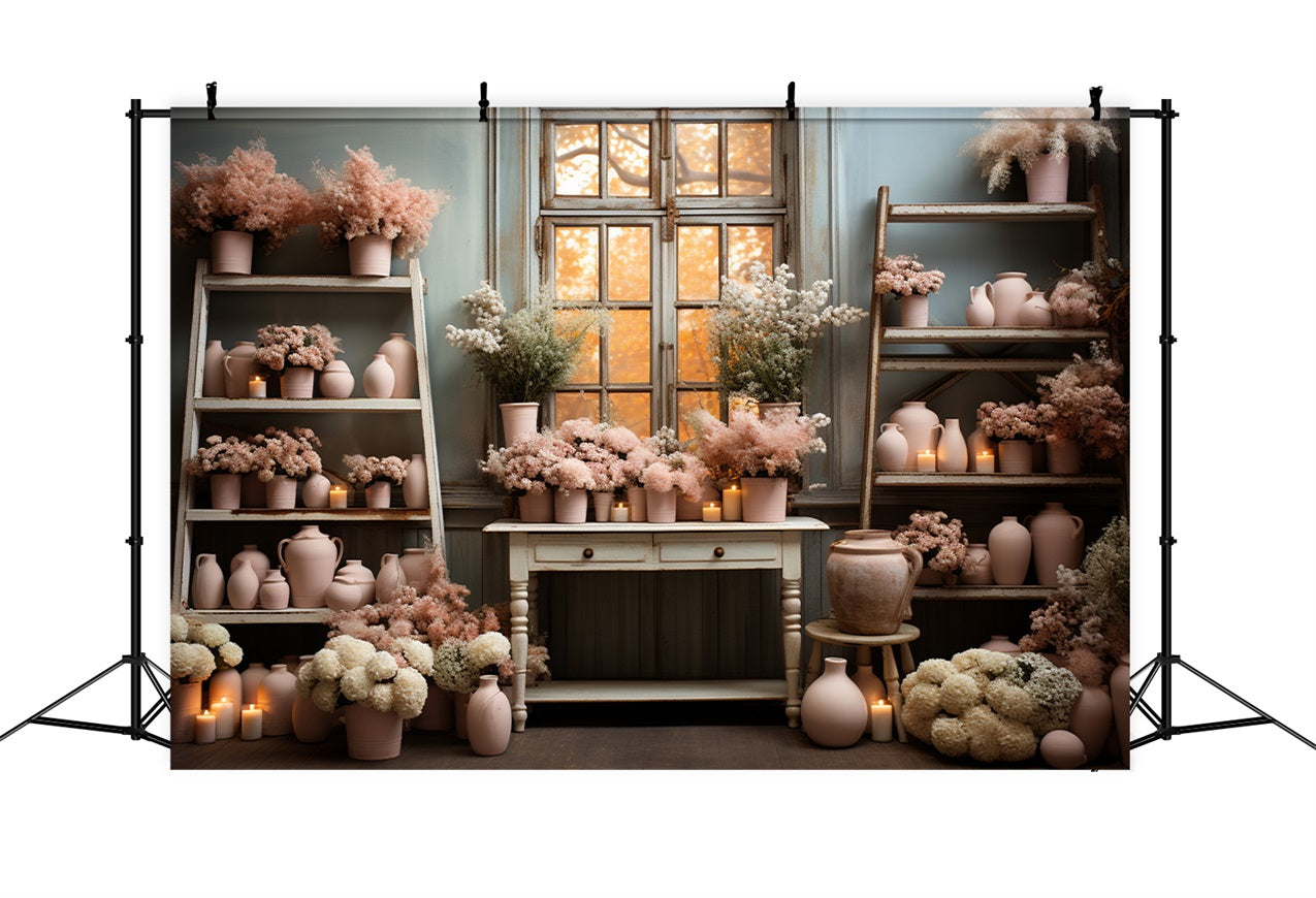 Pink Pottery Floral Window Autumn Backdrop BRP9-195