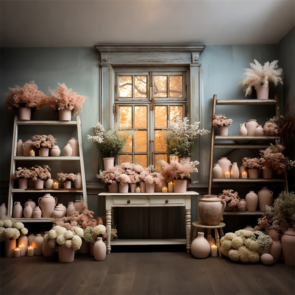 Pink Pottery Floral Window Autumn Backdrop BRP9-195