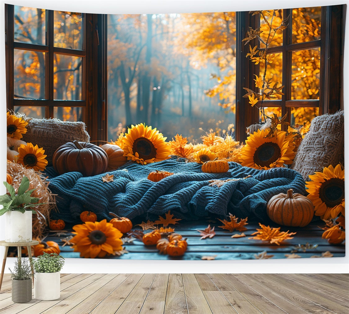 Warm Autumn Sunflower Pumpkin Cozy Window Backdrop BRP9-205