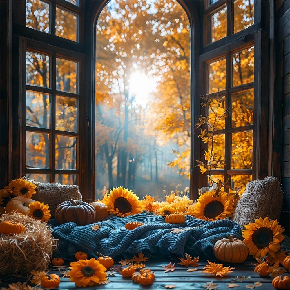 Warm Autumn Sunflower Pumpkin Cozy Window Backdrop BRP9-205