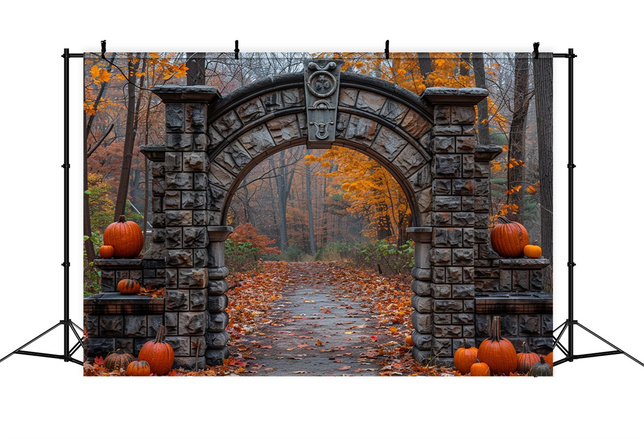 Ancient Stone Arch Pumpkin Fall Scene Backdrop BRP9-209