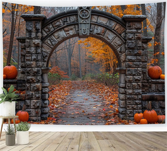 Ancient Stone Arch Pumpkin Fall Scene Backdrop BRP9-209