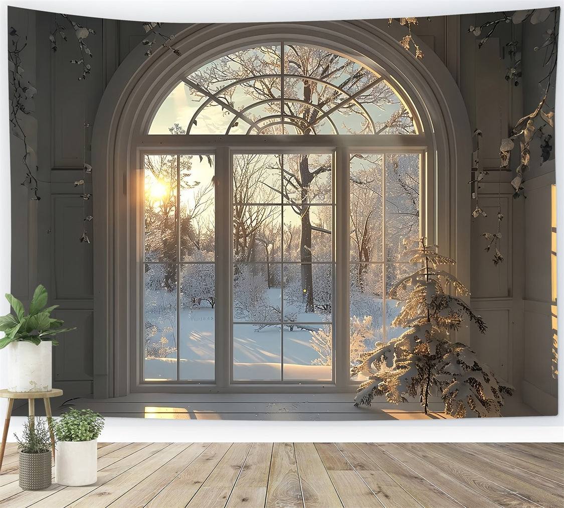 Winter Snow Trees Sunrise Window Scene Backdrop BRP9-236