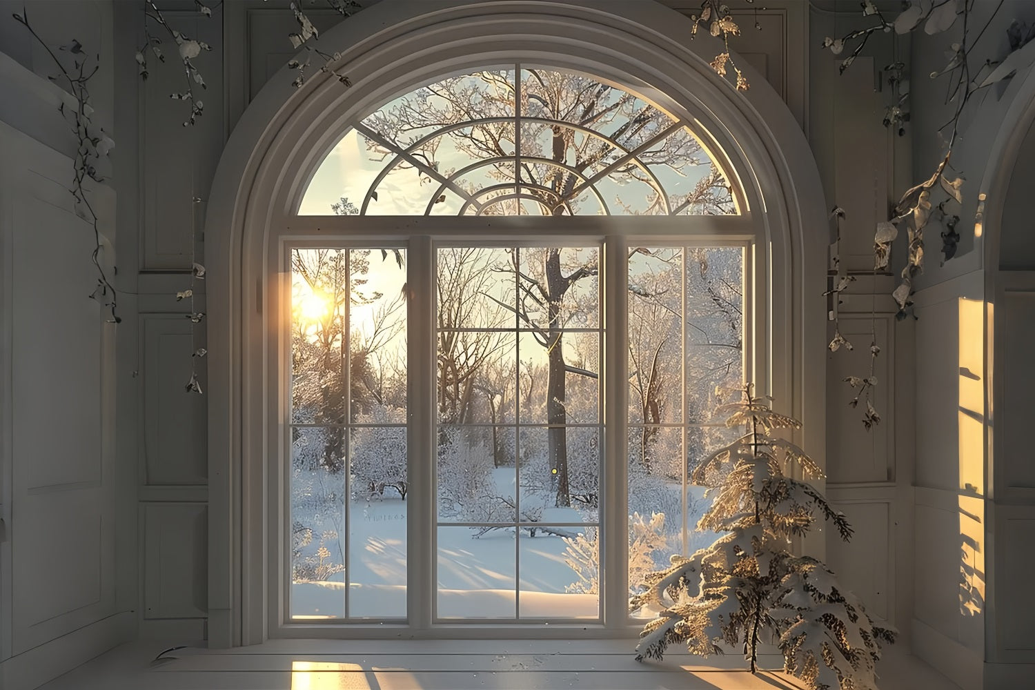 Winter Snow Trees Sunrise Window Scene Backdrop BRP9-236