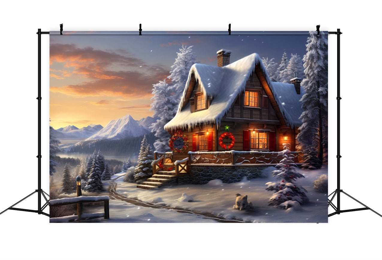 Winter Wonderland Sunset Cozy Cabin Backdrop BRP9-238