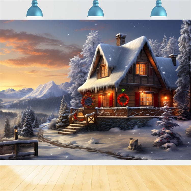 Winter Wonderland Sunset Cozy Cabin Backdrop BRP9-238