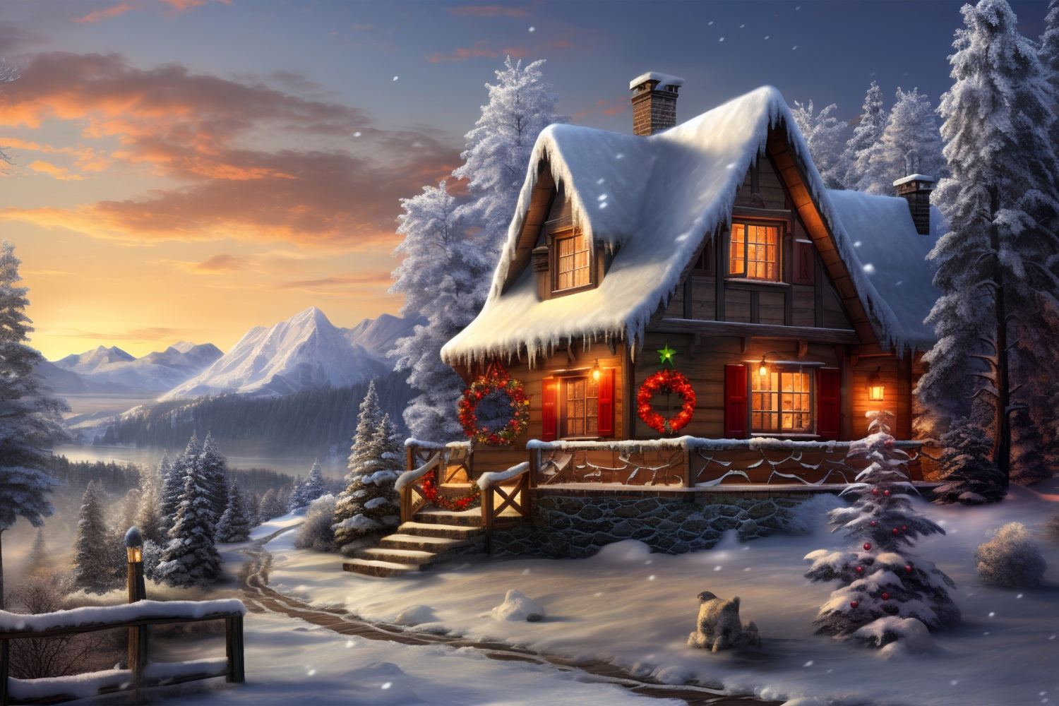 Winter Wonderland Sunset Cozy Cabin Backdrop BRP9-238