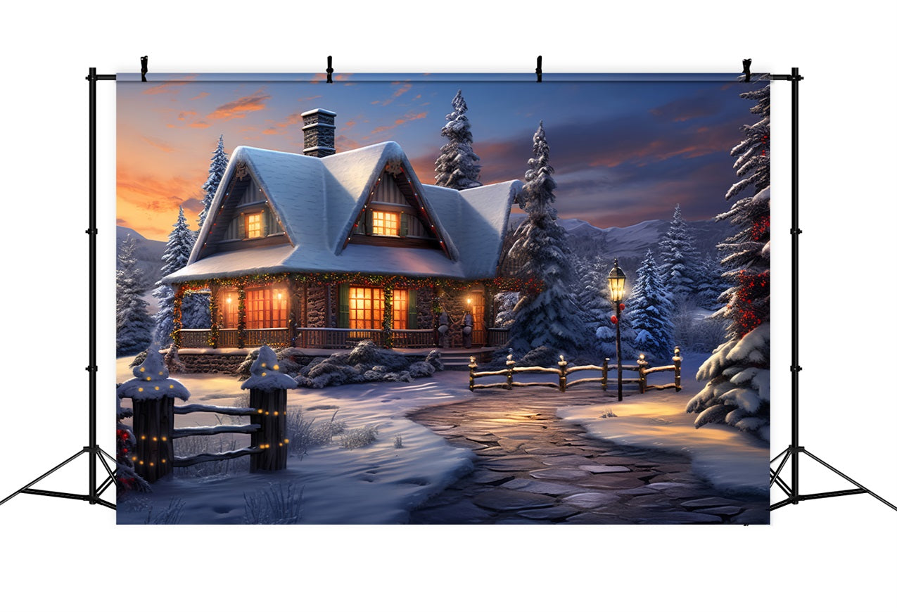 Cozy Winter Cabin Frosty Mountain Scene Backdrop BRP9-239