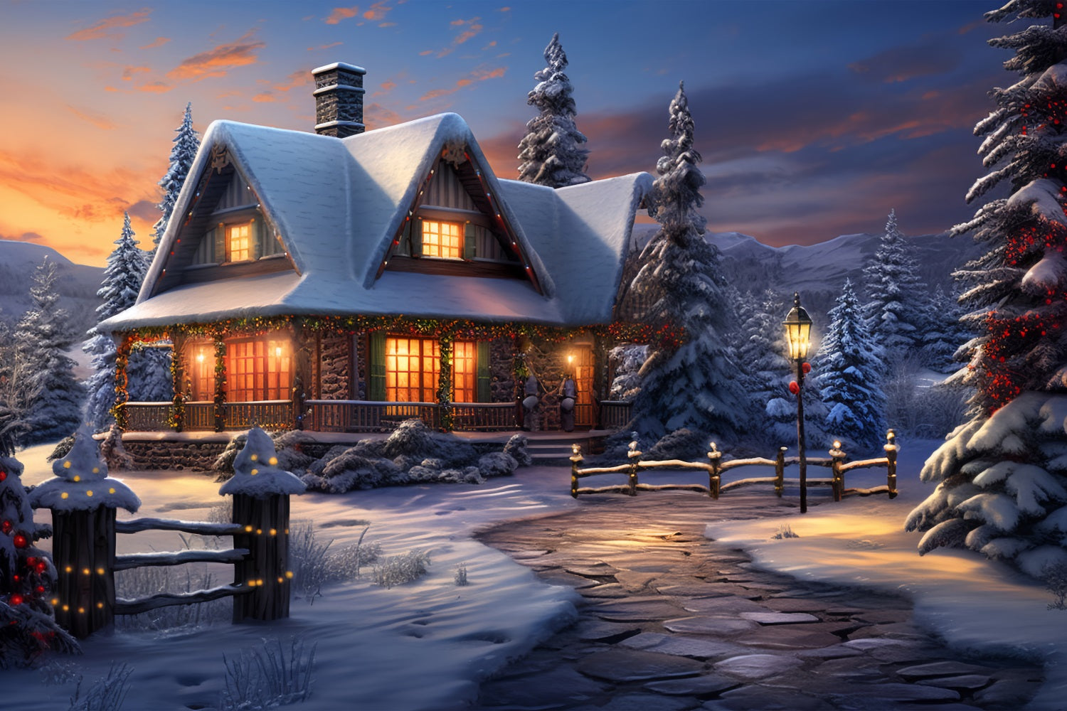 Cozy Winter Cabin Frosty Mountain Scene Backdrop BRP9-239