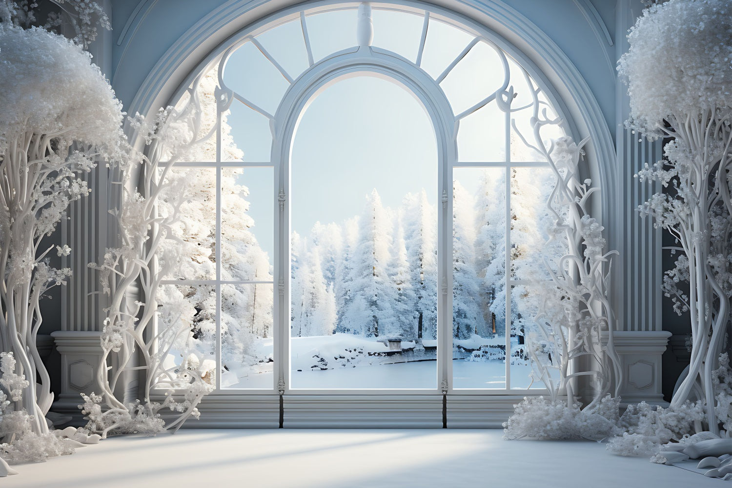 Frosty Winter Scene Grand Arched Window Backdrop BRP9-241