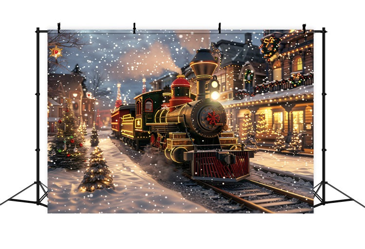 Winter Snowy Street Train Festive Lights Backdrop BRP9-250