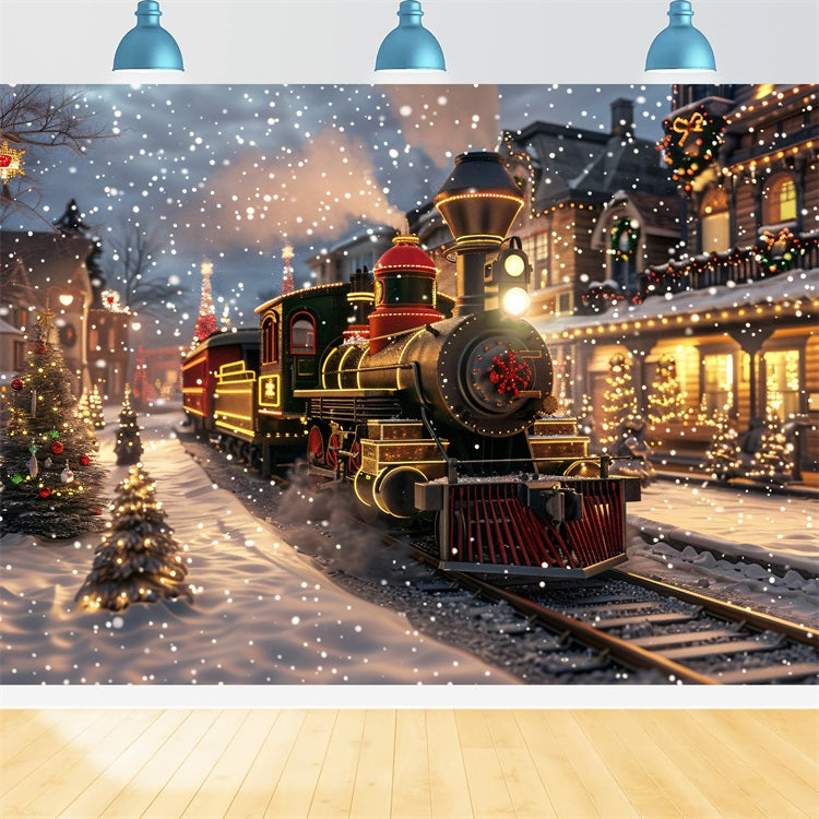 Winter Snowy Street Train Festive Lights Backdrop BRP9-250