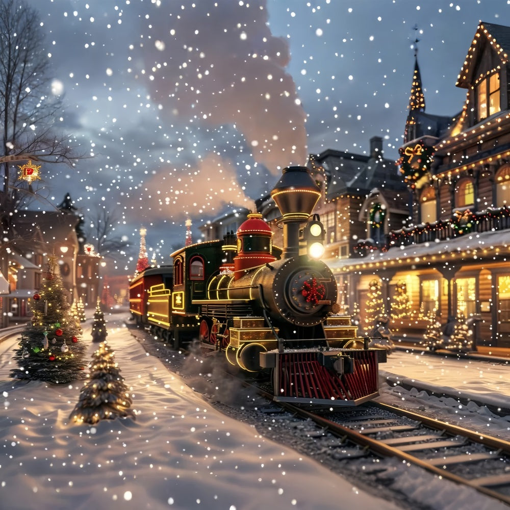 Winter Snowy Street Train Festive Lights Backdrop BRP9-250