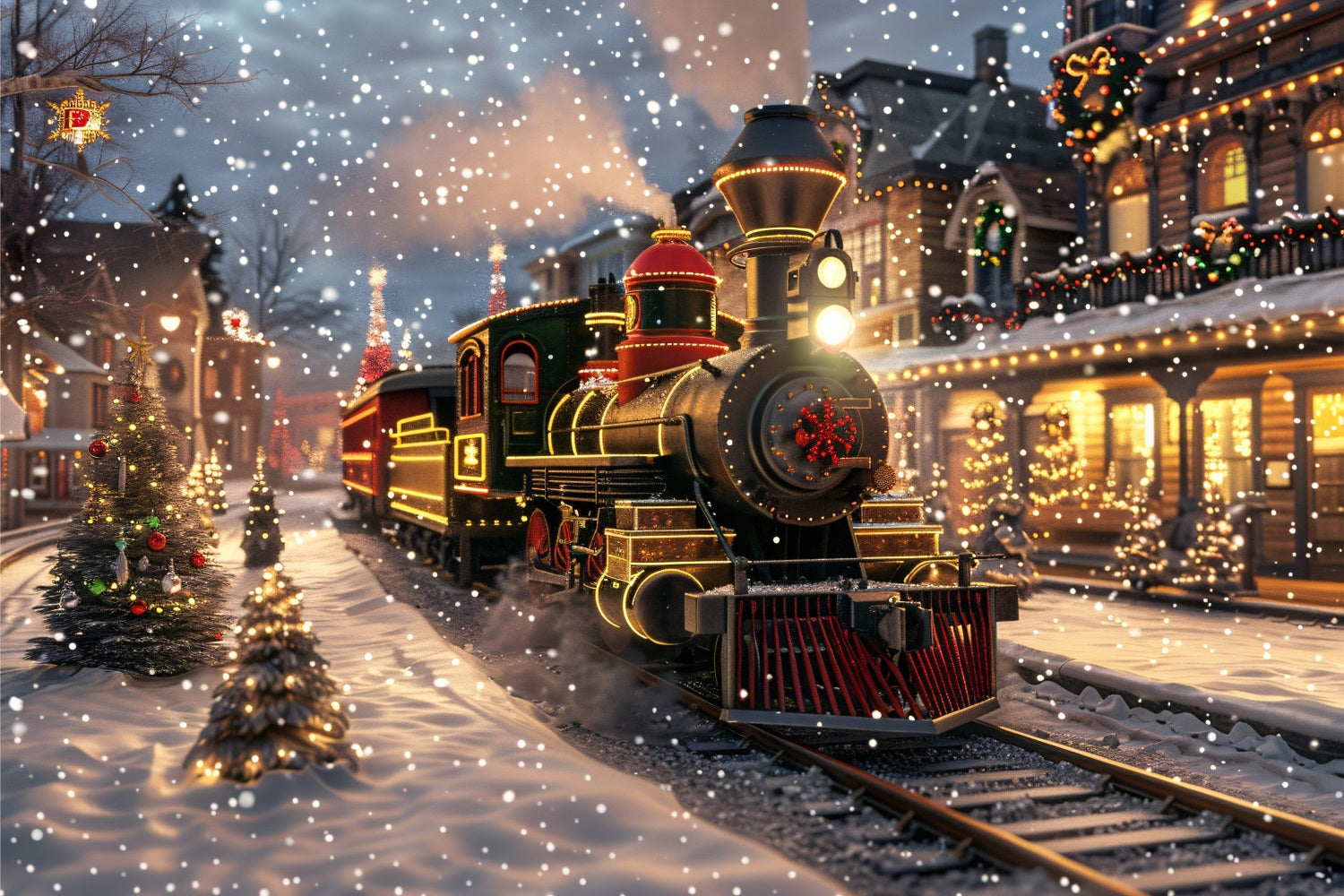 Winter Snowy Street Train Festive Lights Backdrop BRP9-250