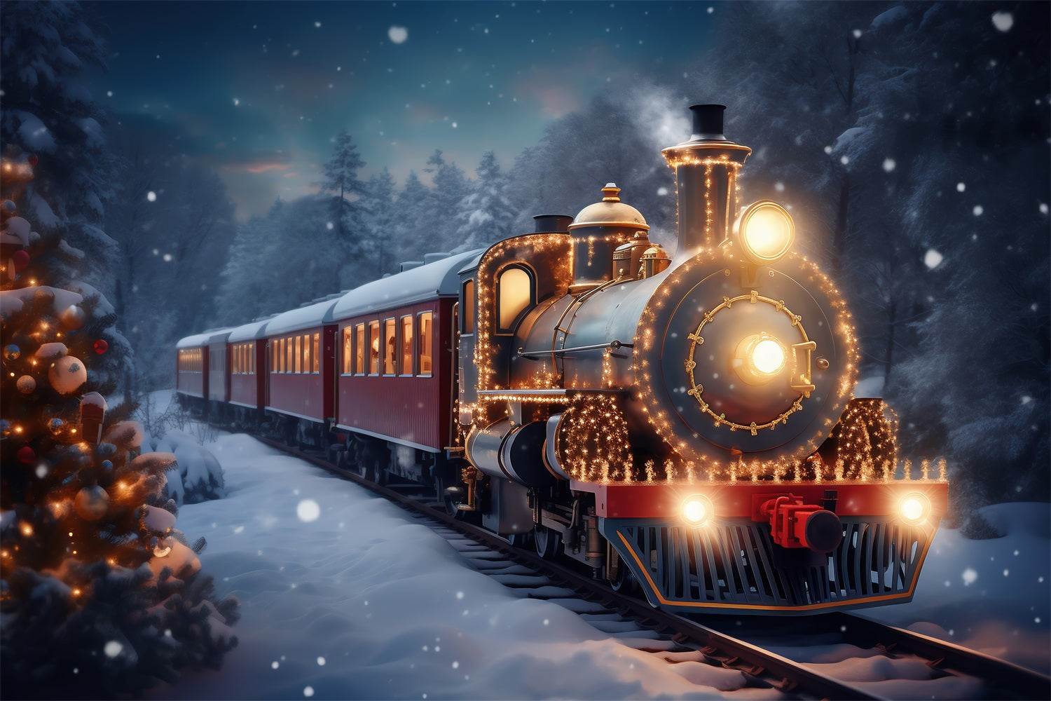 Glowing Steam Engine Winter Wonderland Backdrop BRP9-251