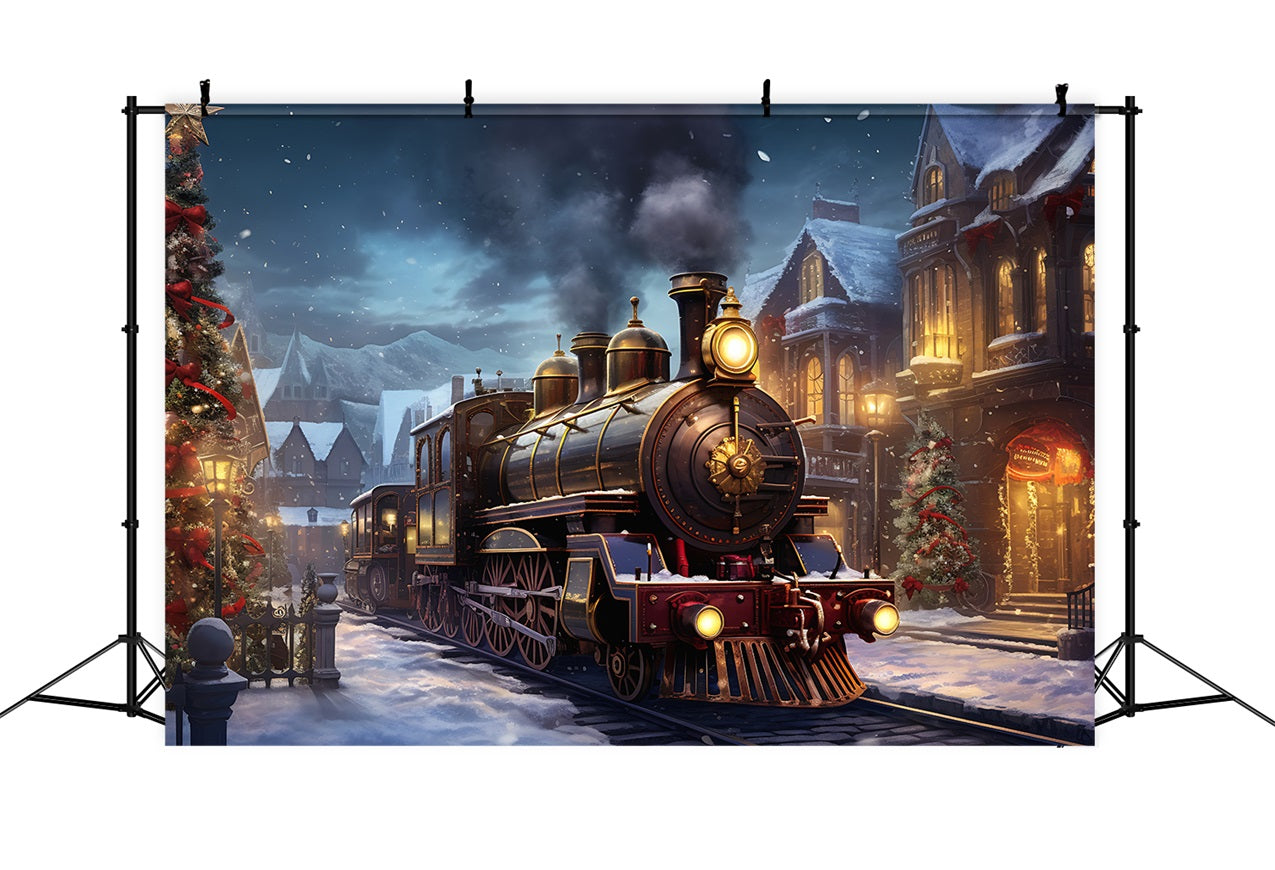 Winter Snow Covered Town Train Photography Backdrop BRP9-252