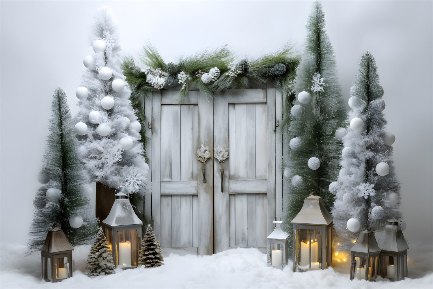 Snowy Lantern Lit Winter Wonderland Door Backdrop BRP9-258