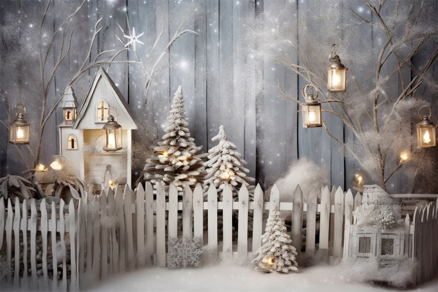 Winter Wonderland Snowy Fence Lanterns Backdrop BRP9-259