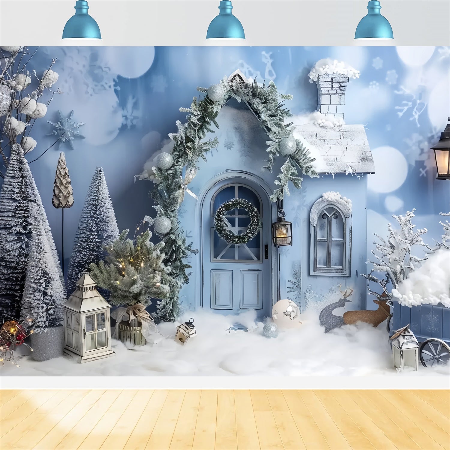 Snow-Covered Christmas Woodland Lodge Scene Backdrop BRP9-26