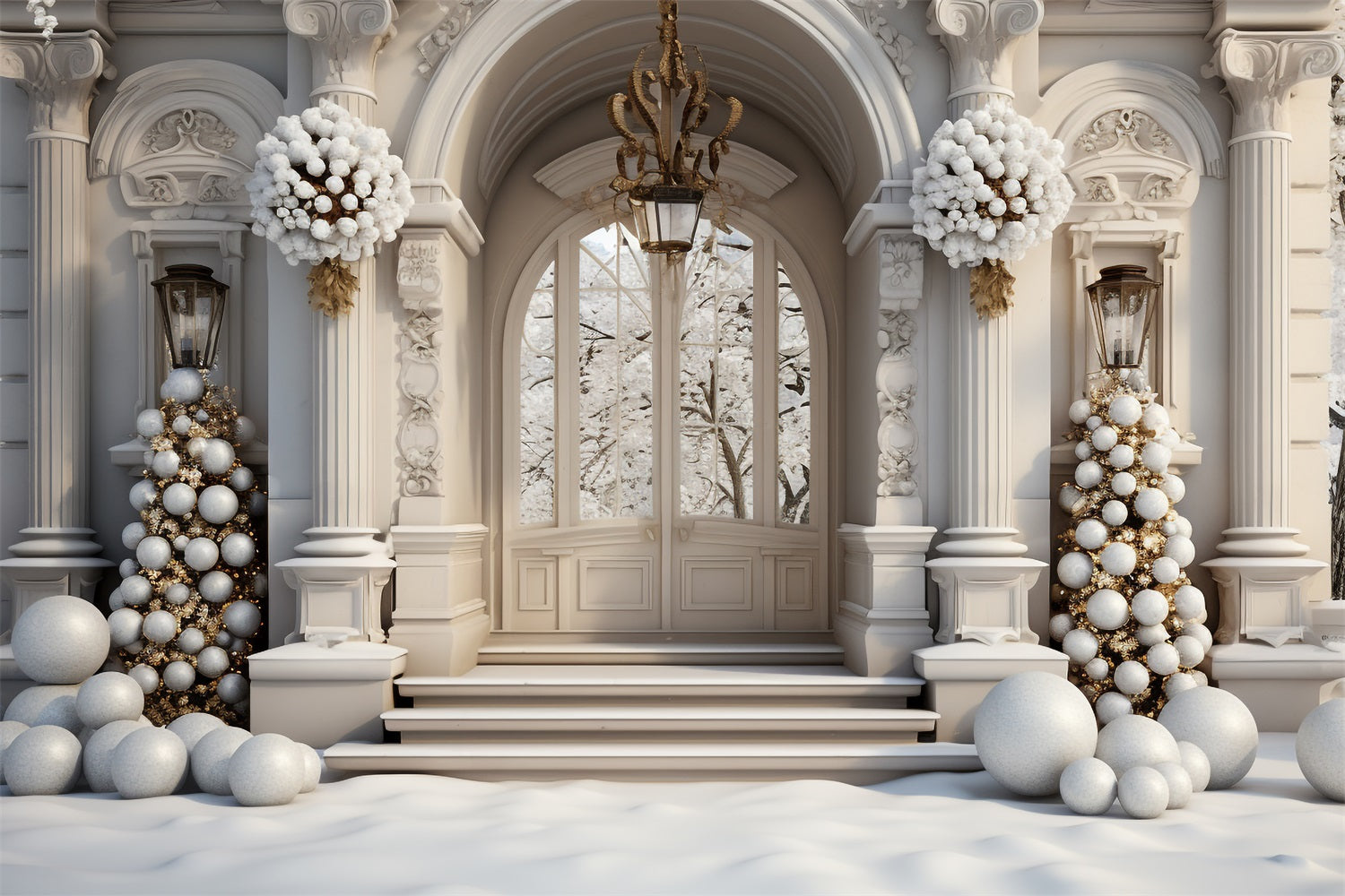 Winter Palace Entrance Ornate Christmas Balls Backdrop BRP9-264