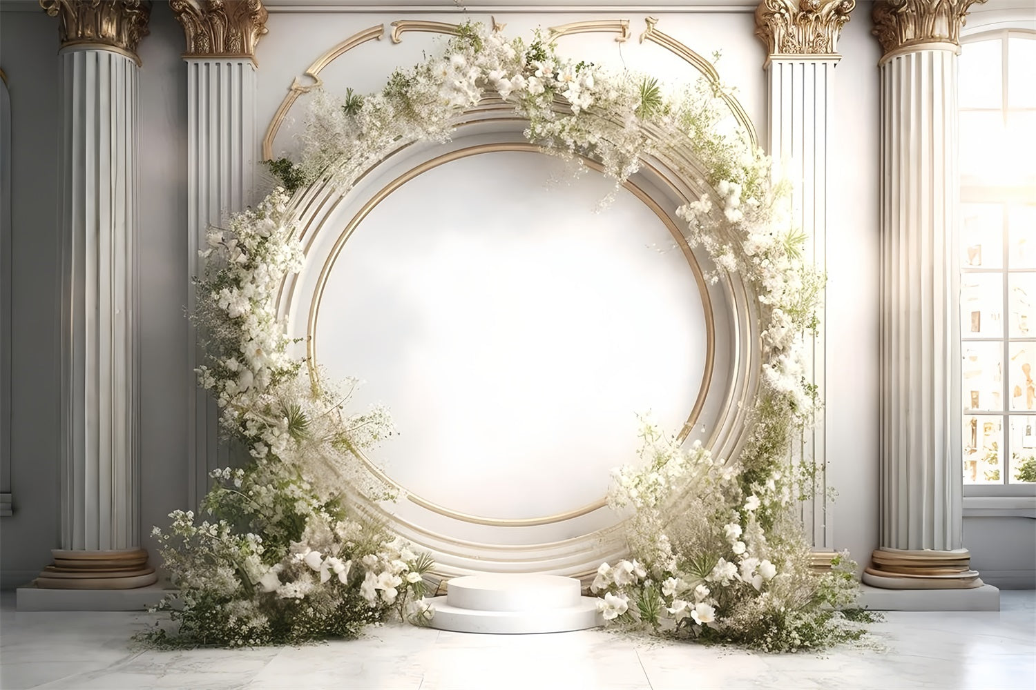 Elegant White Floral Archway Columns Boho Backdrop BRP9-271