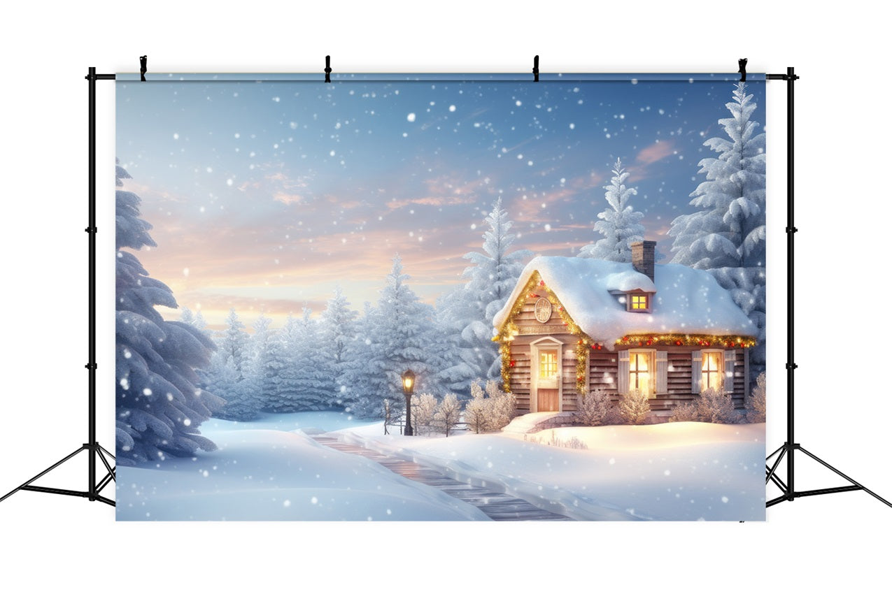 Warm Glowing Cabin Amid Snowy Pines Backdrop BRP9-274