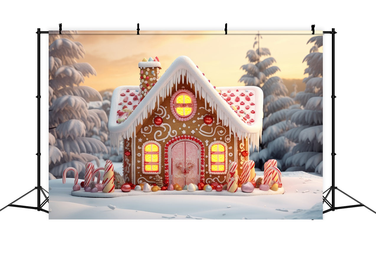 Cute Gingerbread House Winter Snowy Pines Backdrop BRP9-281