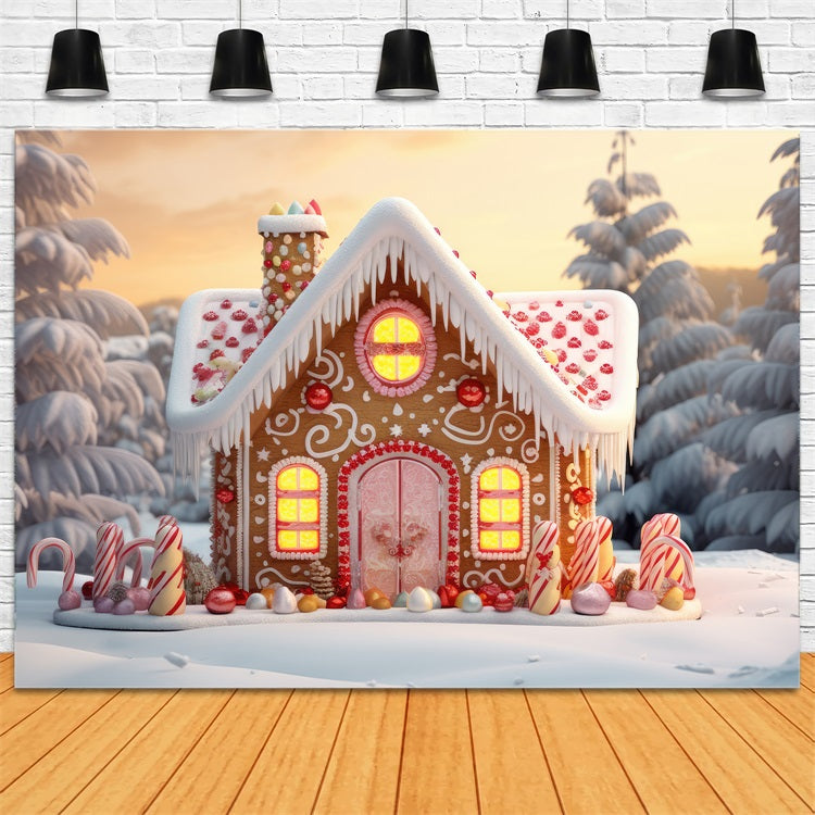 Cute Gingerbread House Winter Snowy Pines Backdrop BRP9-281