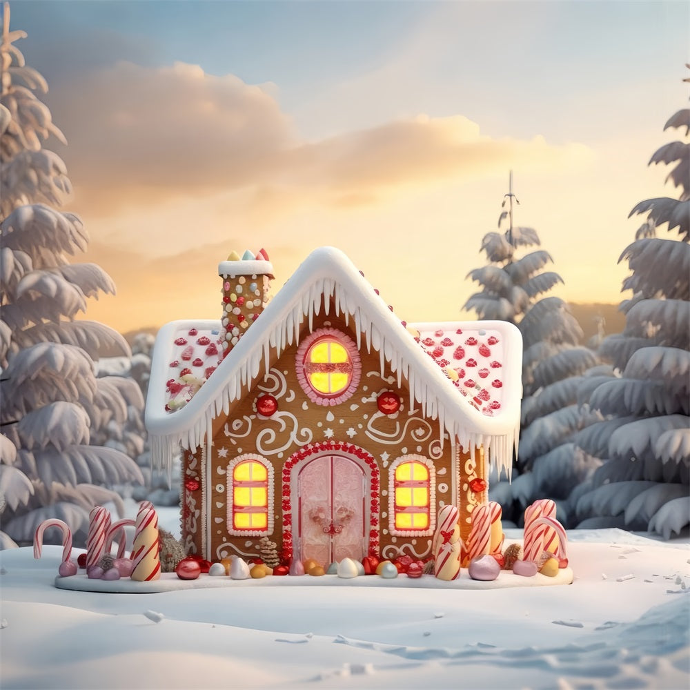 Cute Gingerbread House Winter Snowy Pines Backdrop BRP9-281